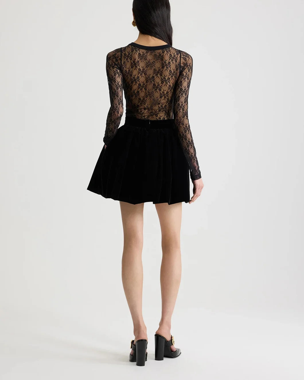 patou black velvet bloomer effect mini skirt on model back view