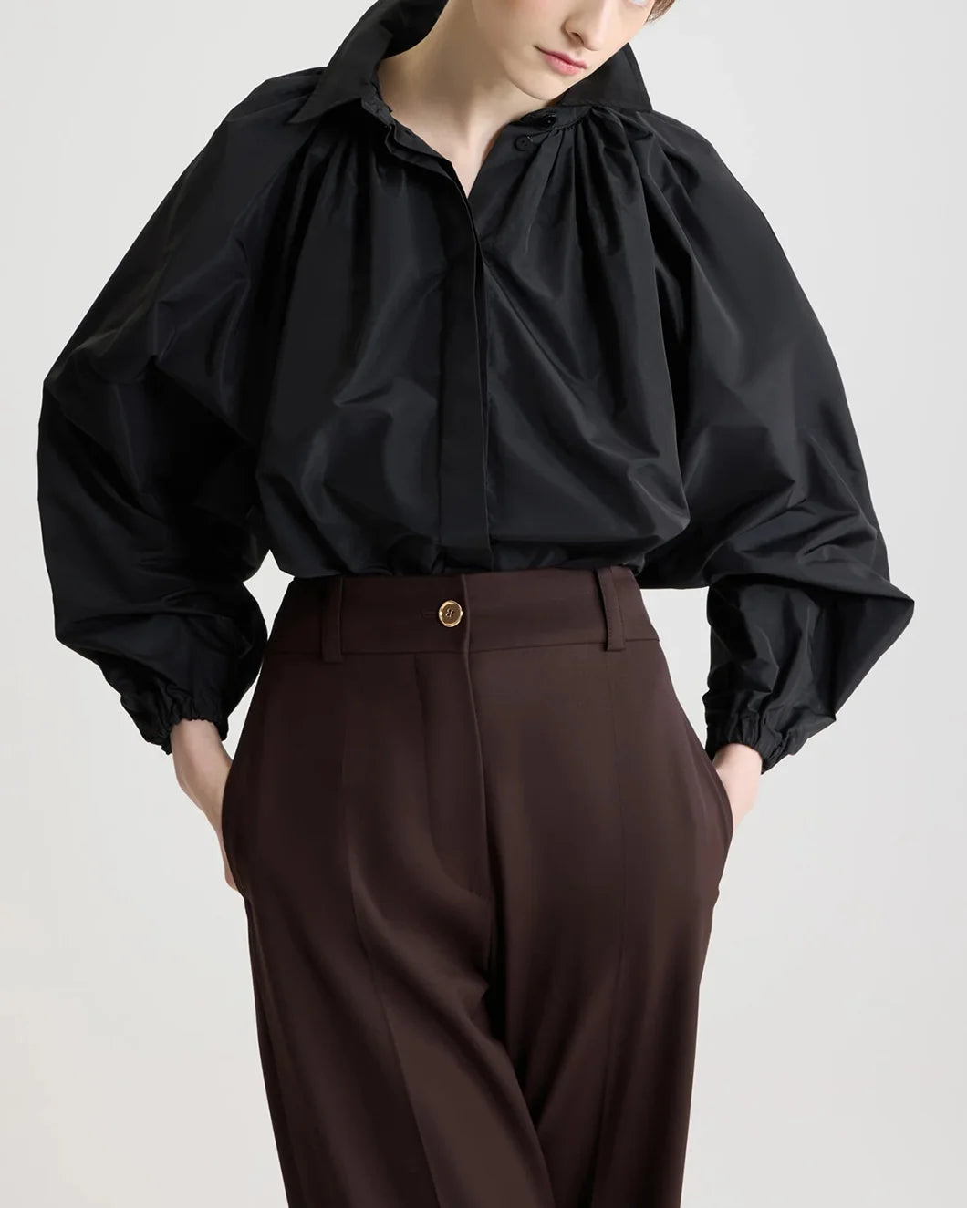 patou bubble blouse in recycled faille in black on model front view