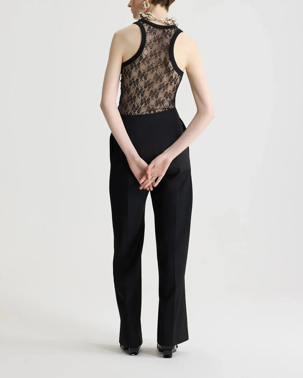 patou black sheer lace jersey tank top on figure back view