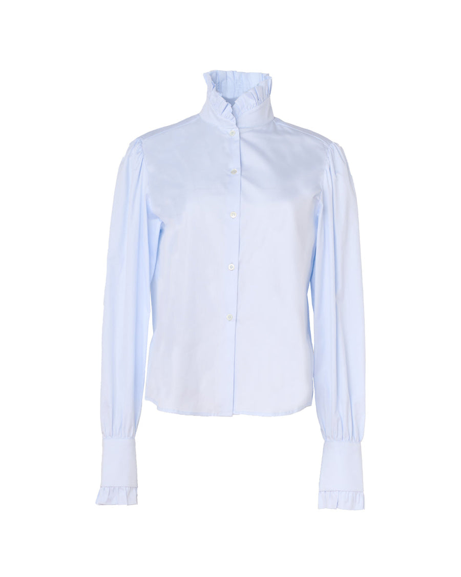 prune gold schmidt long sleeve shirt with ruffled collar and cuffs blue front