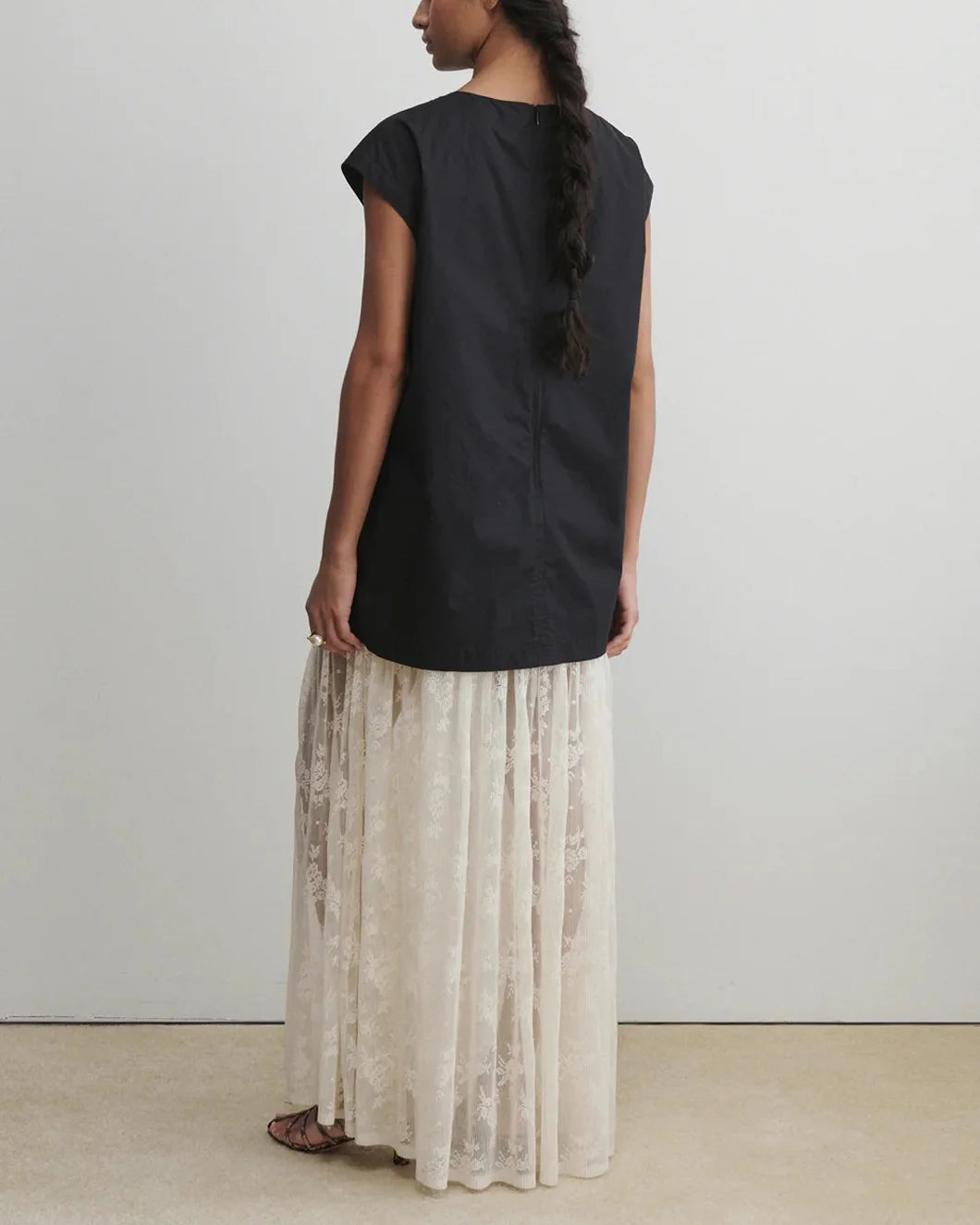 rachel comey Cheers Dress black and white lace on model back view