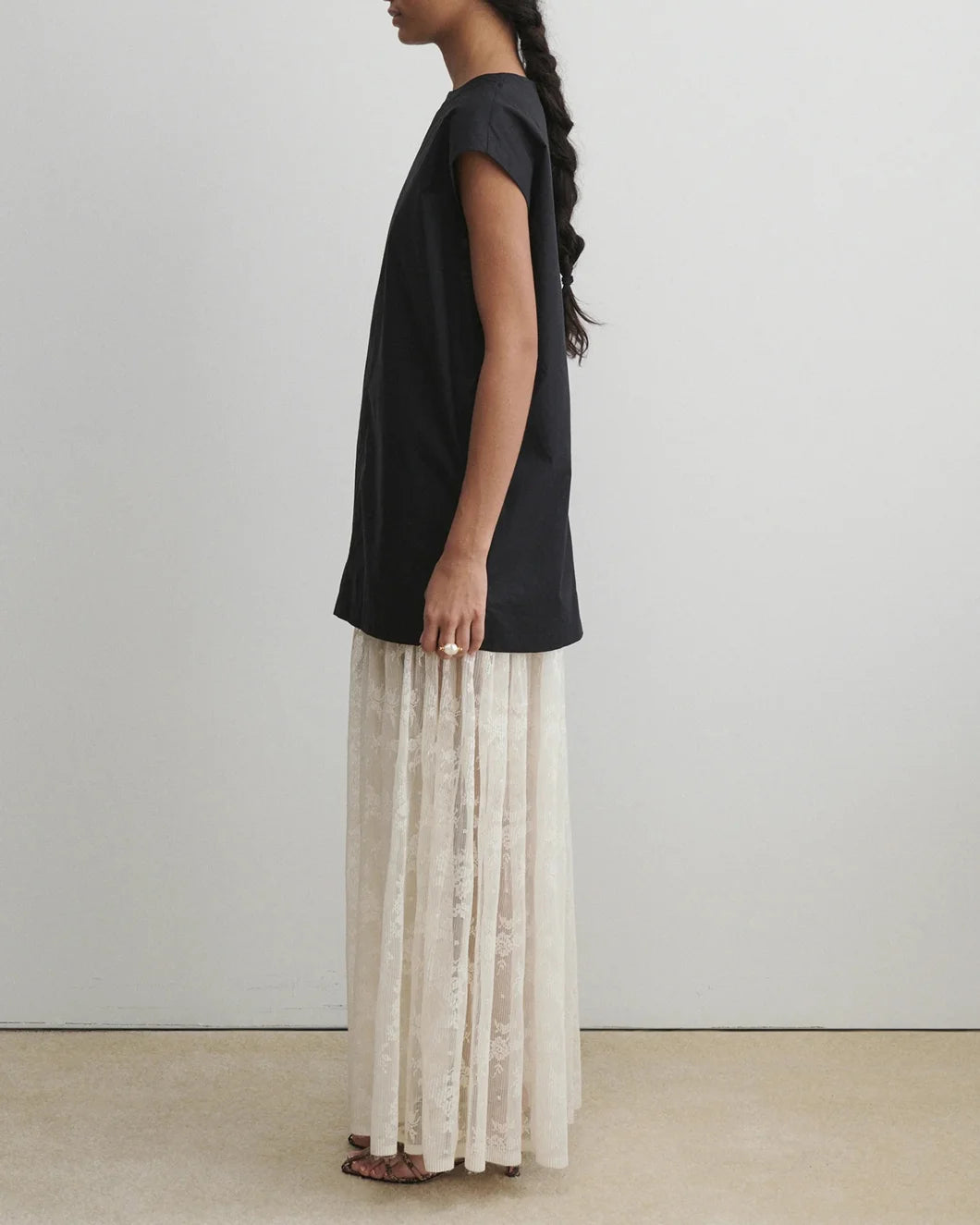 rachel comey Cheers Dress black and white lace on model side view