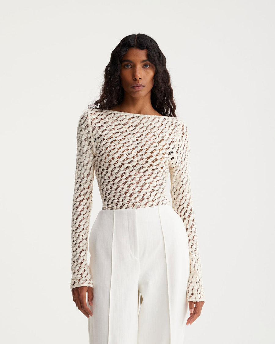 rohe lace boat neck top cream off white top on figure front detail
