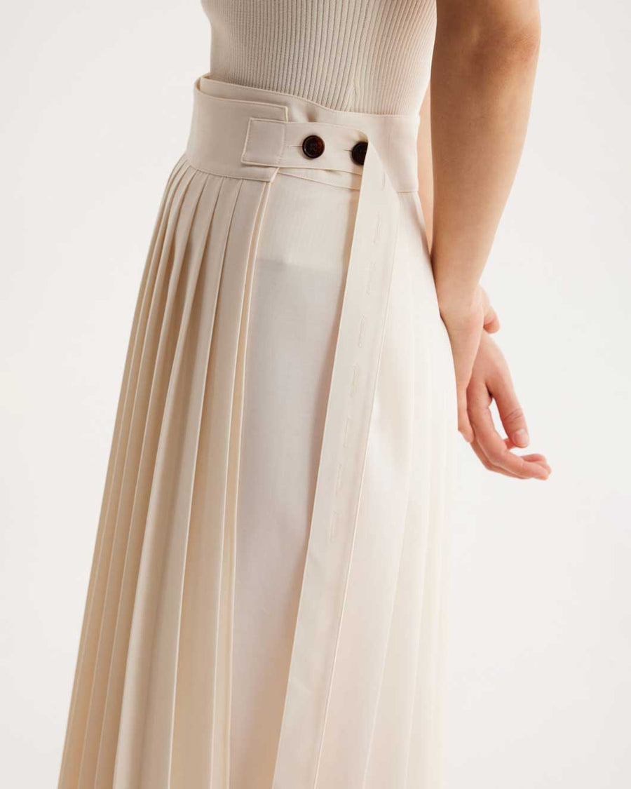 rohe plisse wrap skirt cream off white skirt on figure left side detail