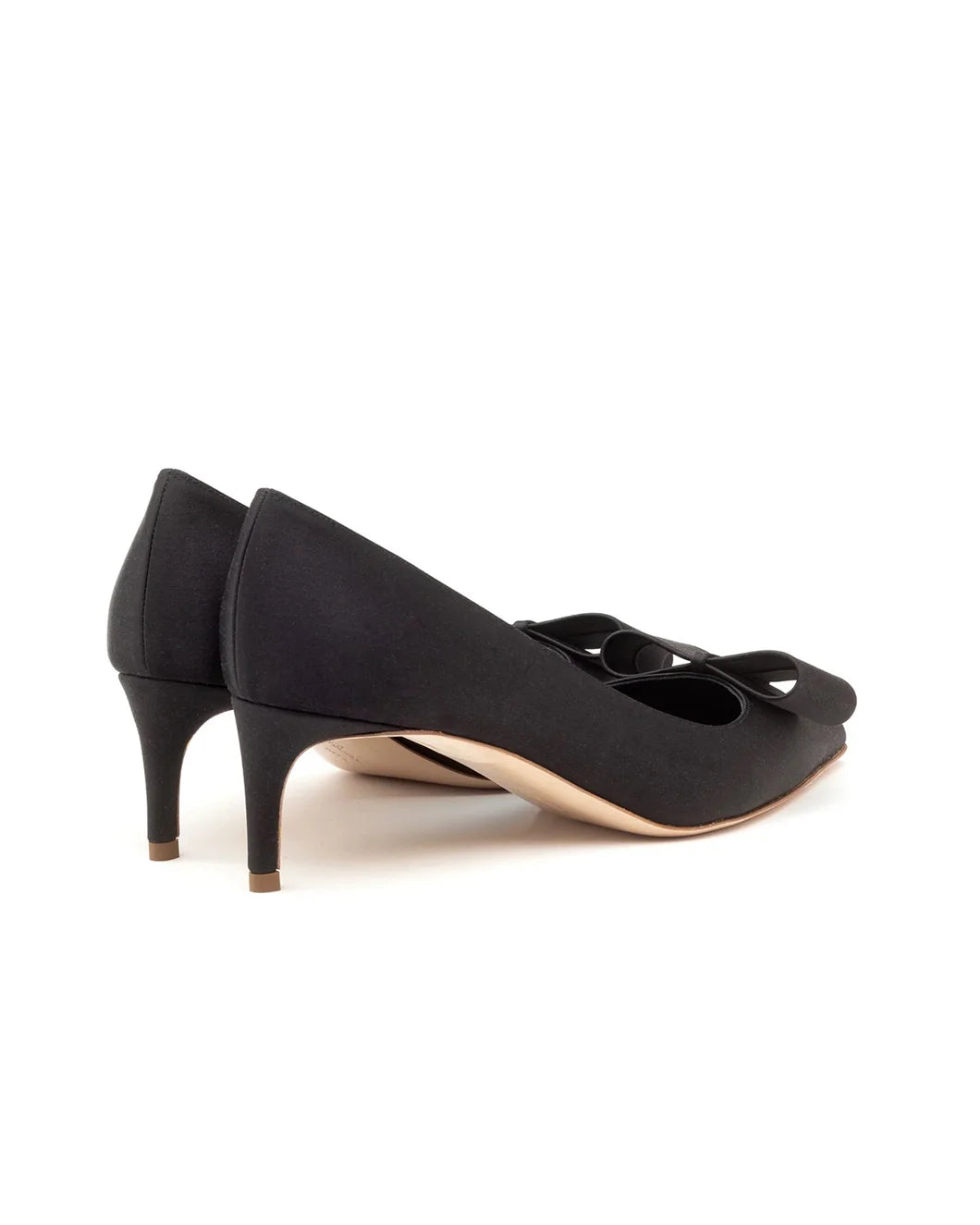 rupert sanderson paragon black satin pointed toe pump with bow detail on toe shown from back