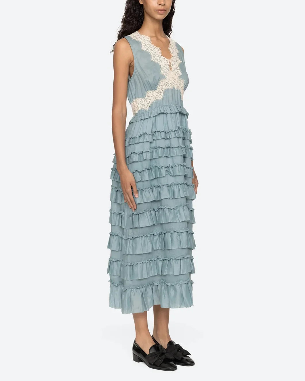 sea ny Anise Solid Maxi tiered Tank Dress blue on model right side turn view