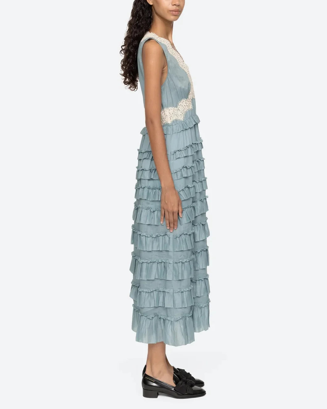 sea ny Anise Solid Maxi tiered Tank Dress blue on model right side view