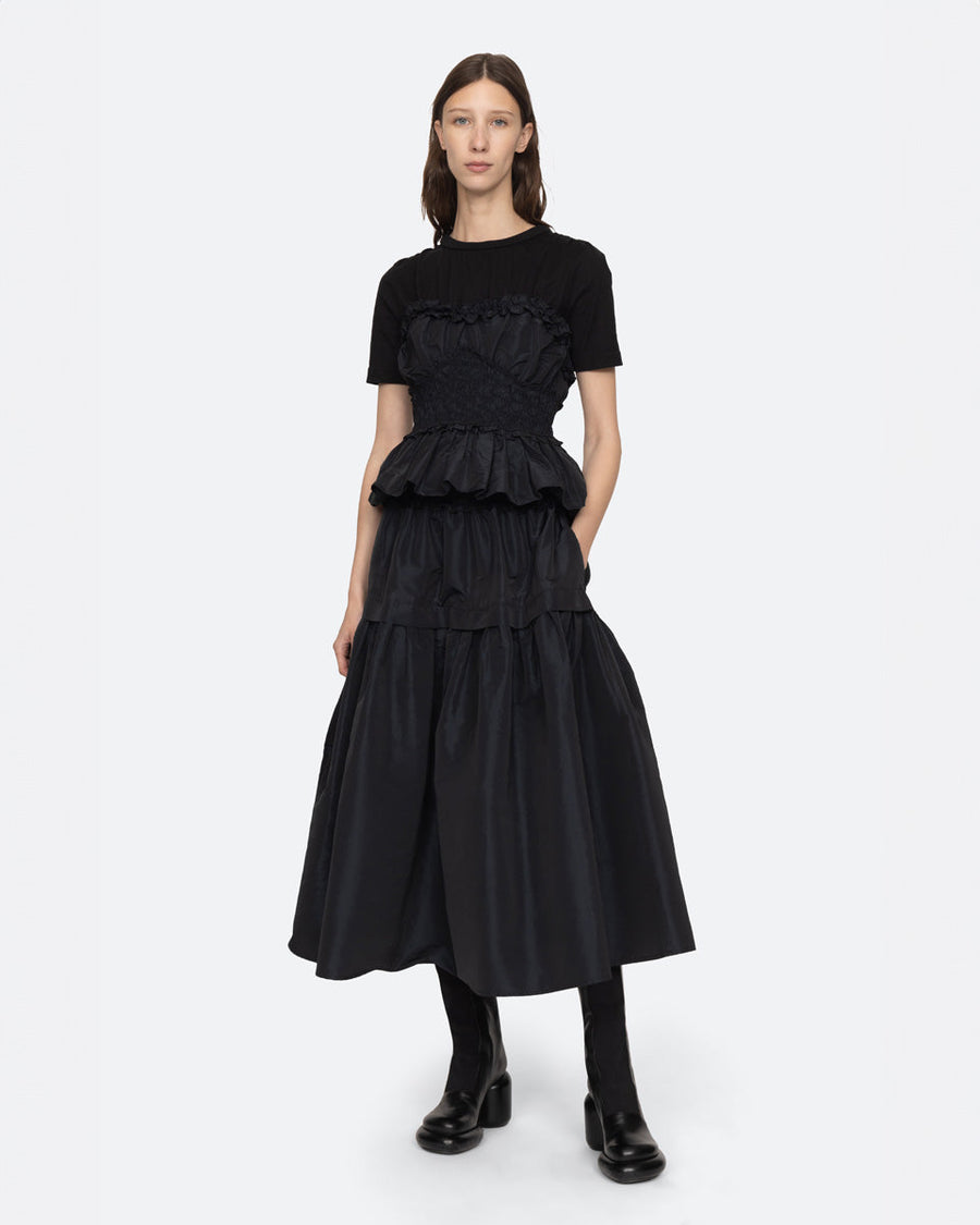 sea ny Diana Taffeta Smocked Midi Skirt black on figure front