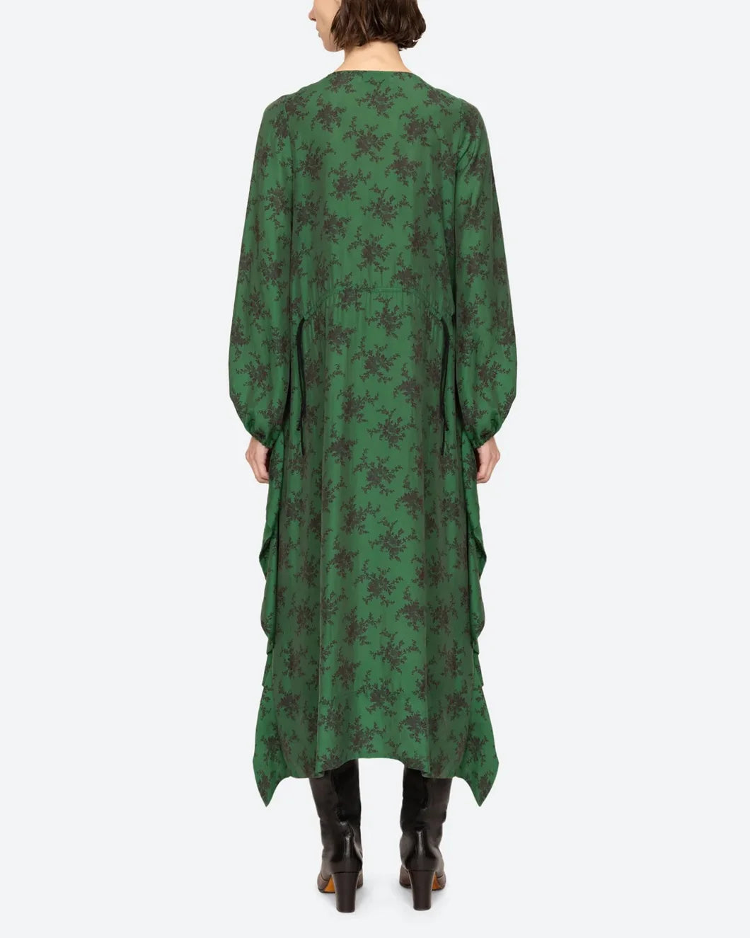 sea ny Joan Tie Front tiered Midi Dress green on model back view