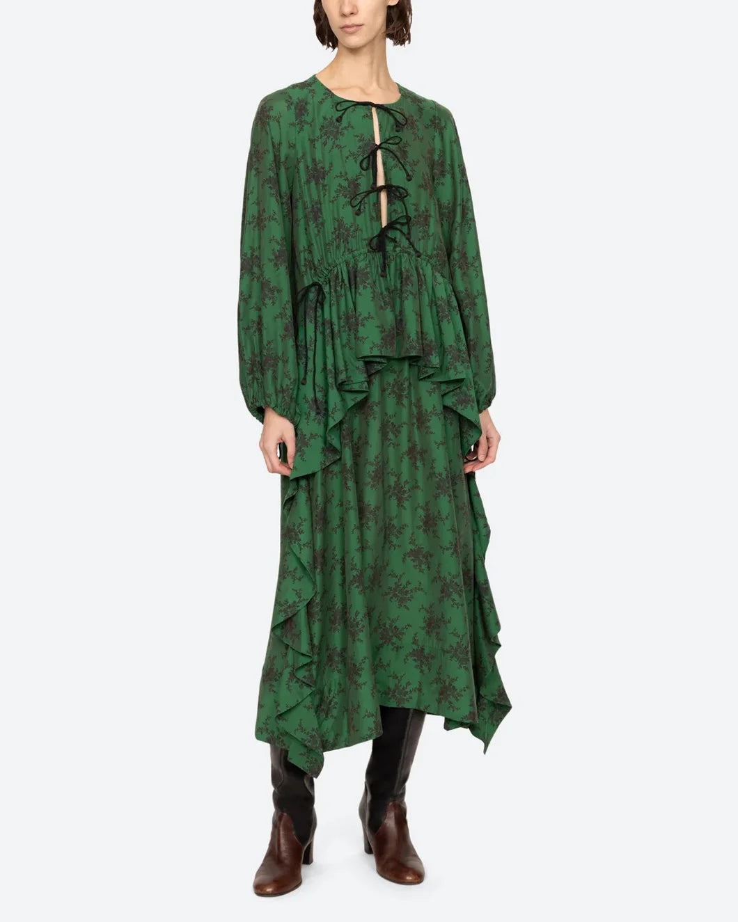 sea ny Joan Tie Front tiered Midi Dress green on model front side trim view