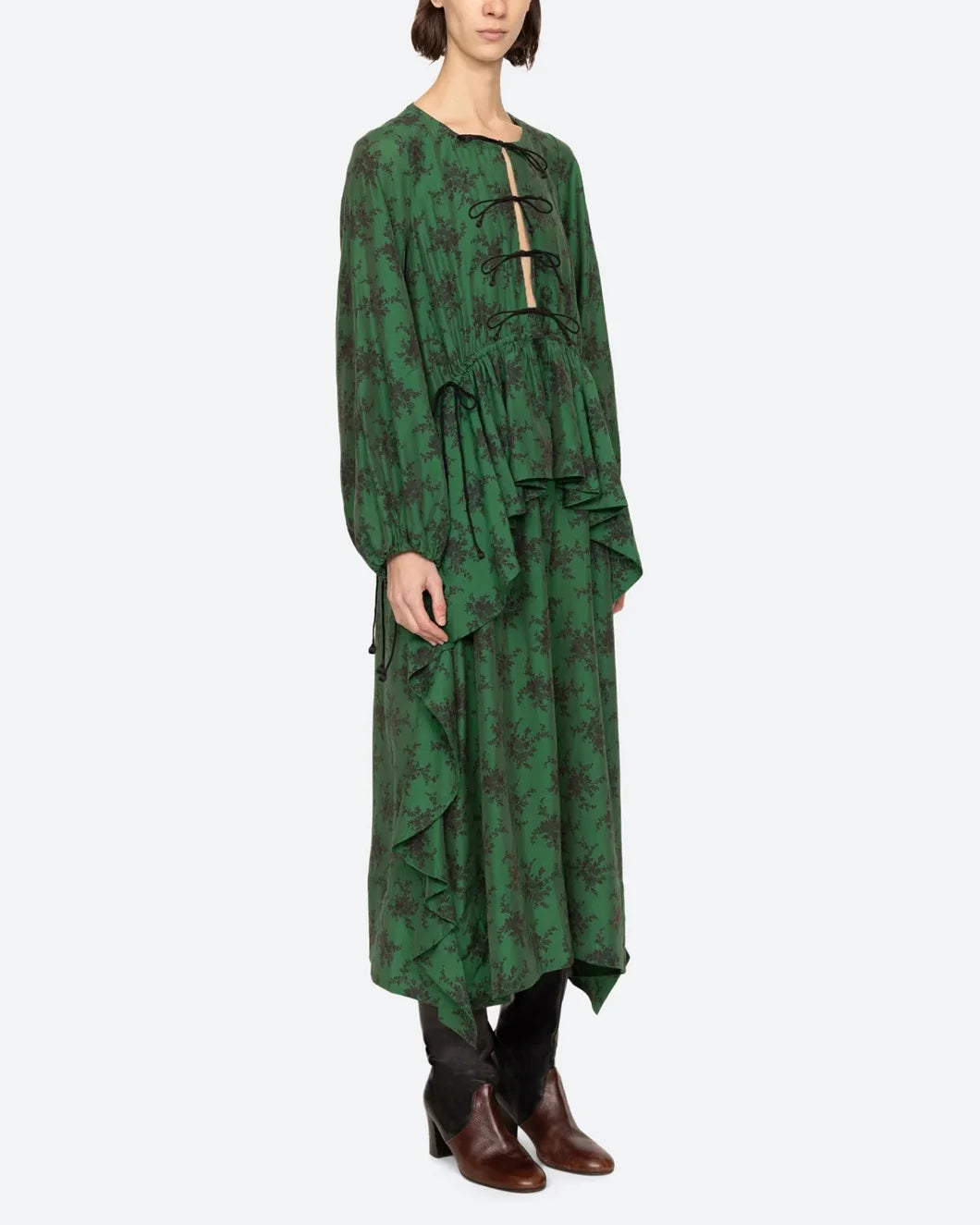 sea ny Joan Tie Front tiered Midi Dress green on model side view