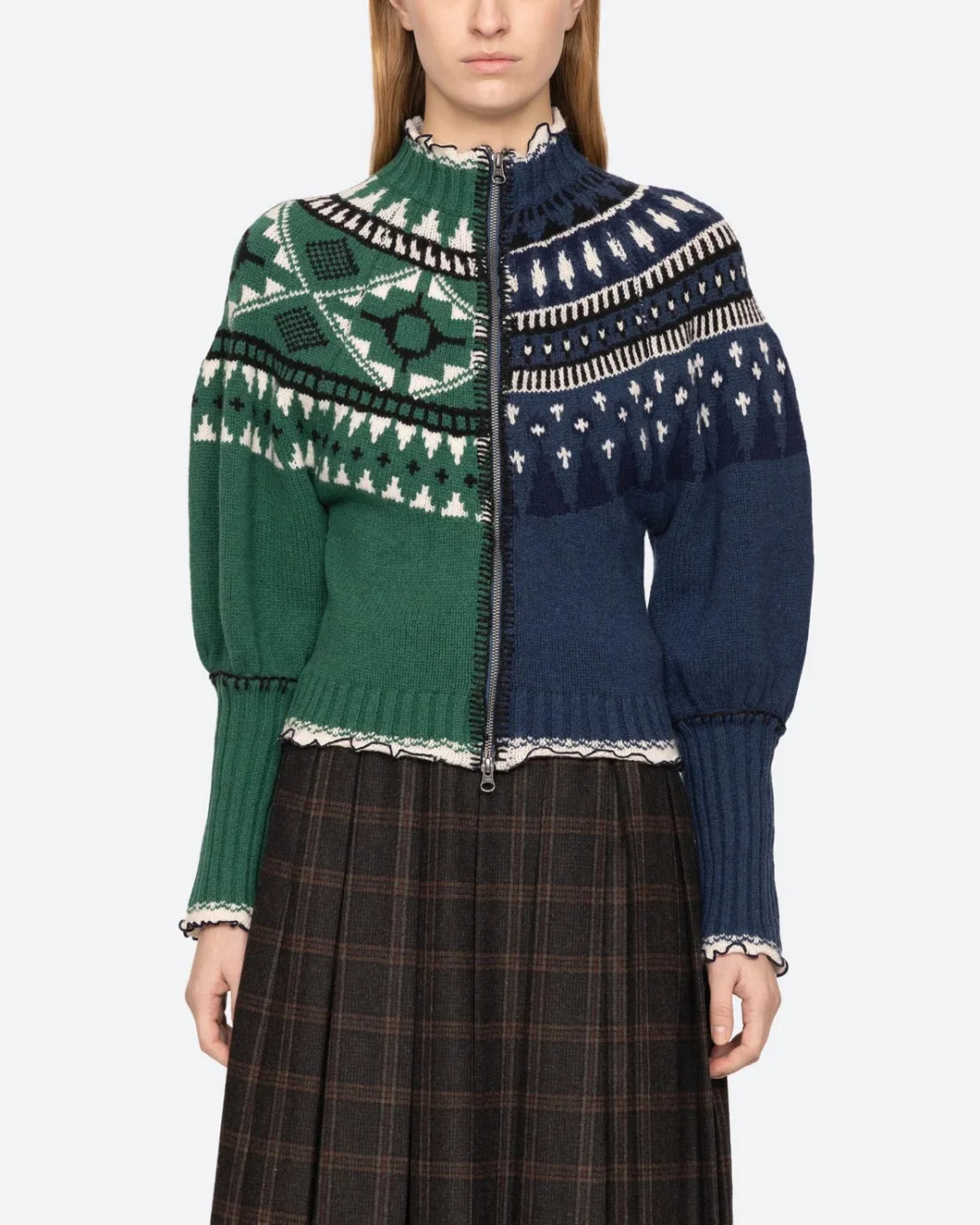 sea ny linea fair isle zip front cardigan green and blue on figure front