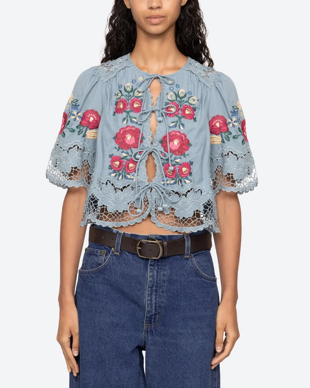 sea ny Rosaline Short Sleeve Top embroidered blue floral on figure front view