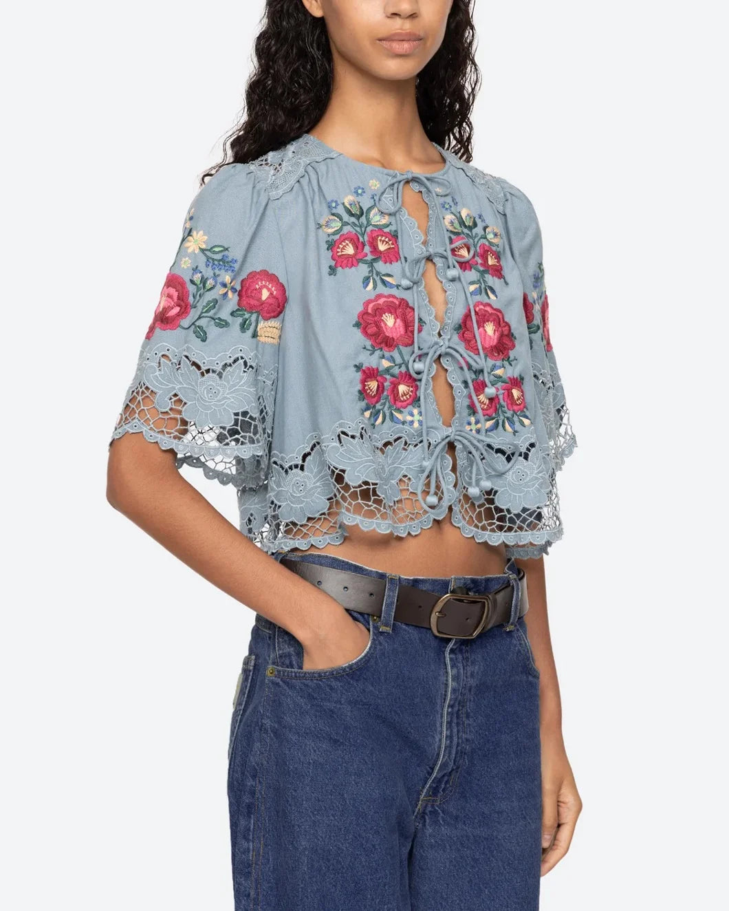 sea ny Rosaline Short Sleeve front tie Top embroidered blue floral on figure side
