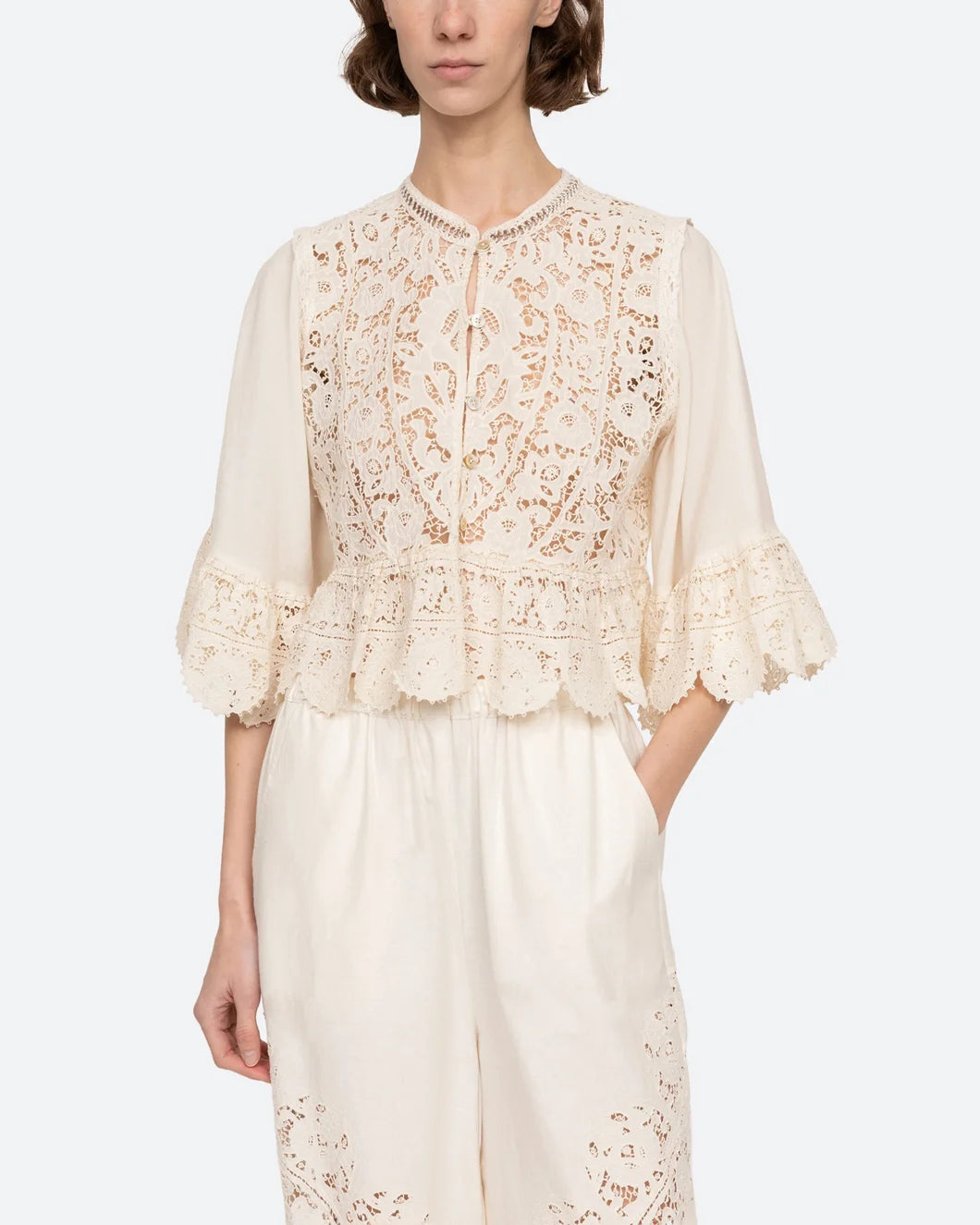 sea new york shanna lace top in cream on model front view