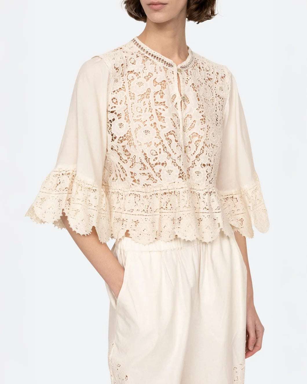 sea ny shanna lace three quarter sleeve top in cream on model right side view