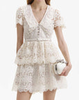 self portrait cream flower collar mini dress cream white dress on figure front detail