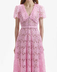 self portrait pale pink guipure lace midi dress pale pink dress on figure front detail