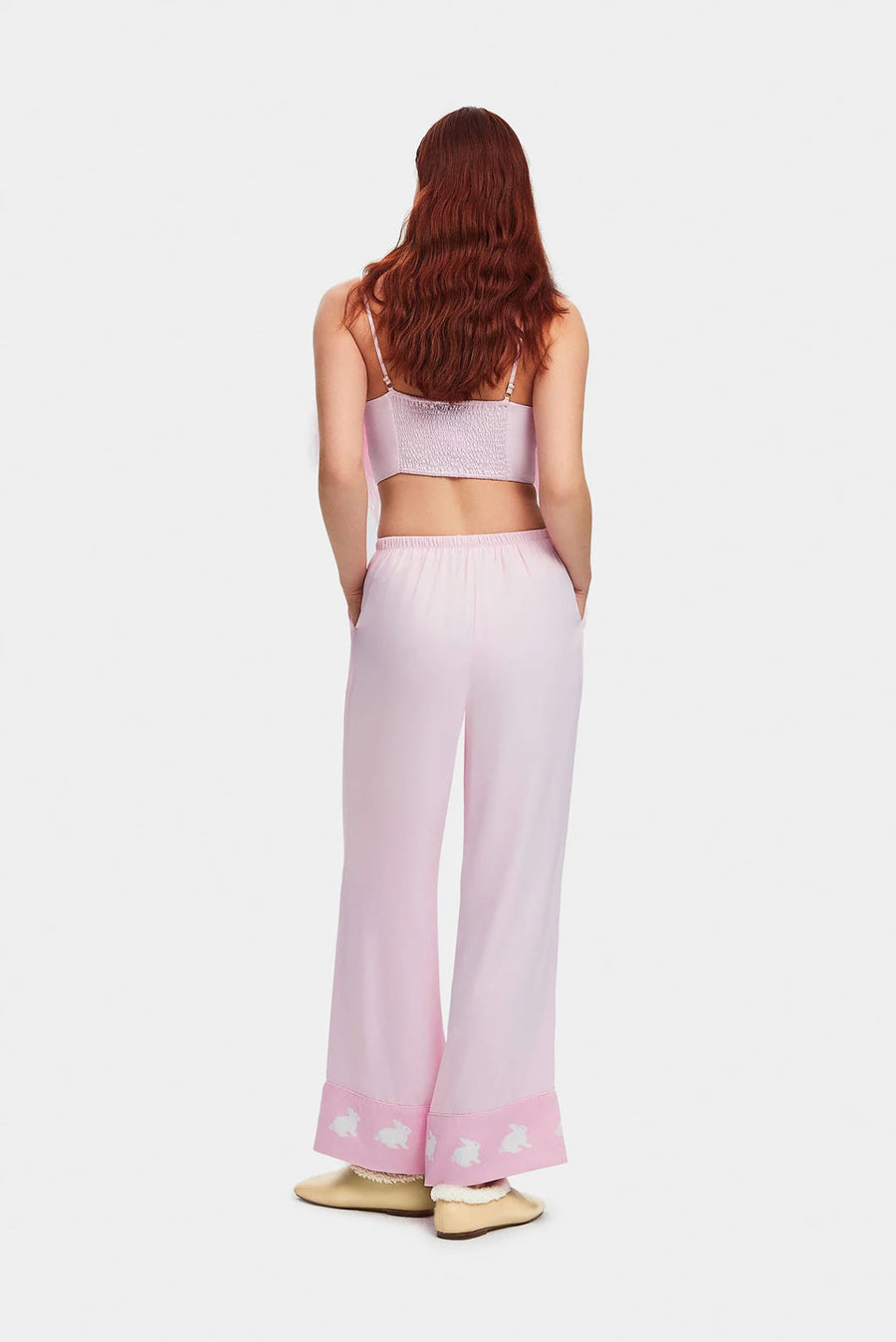 sleeper boheme feather trimmed ecovero satin top pink back