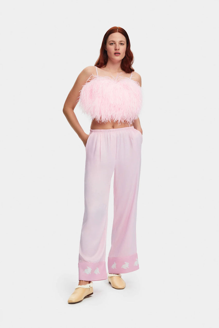 sleeper boheme feather trimmed ecovero satin top pink font