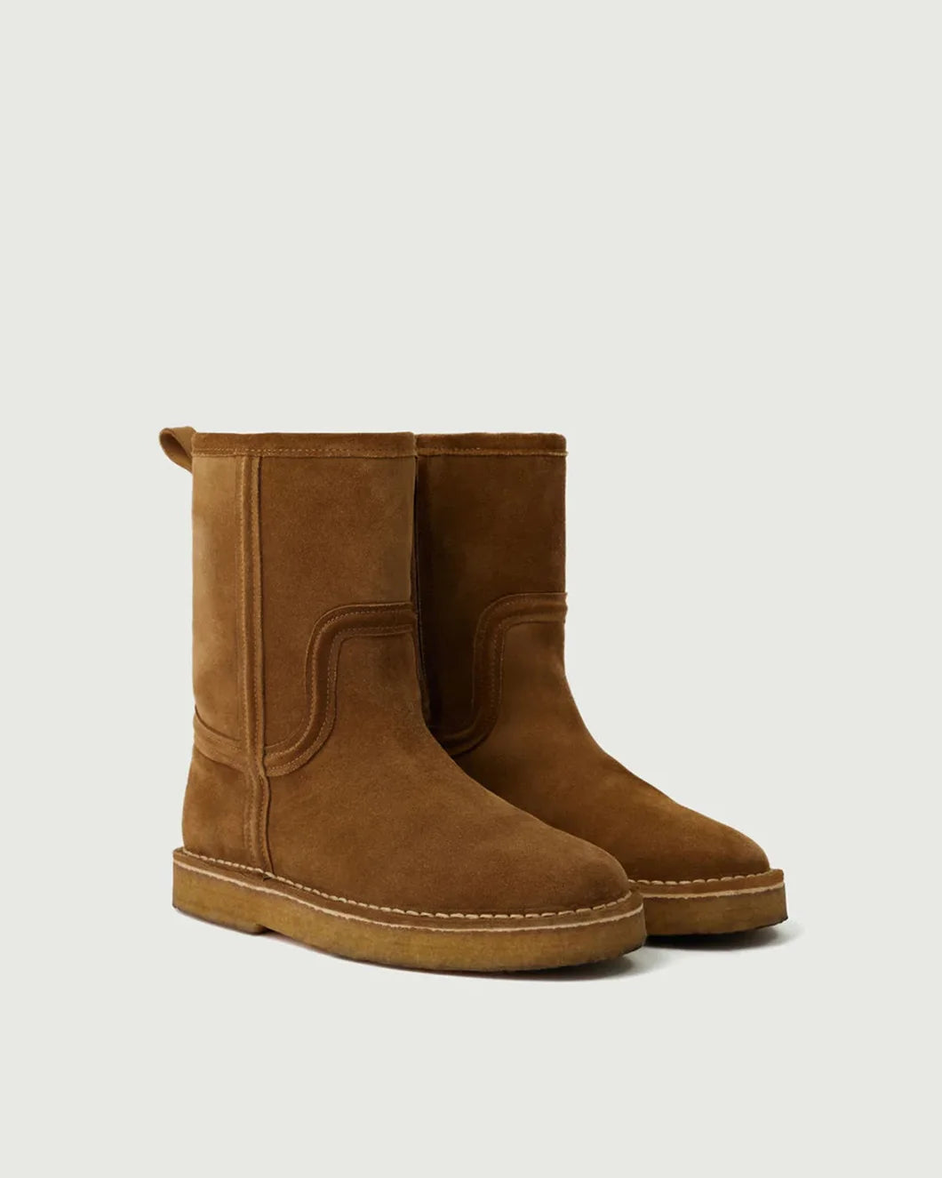 soeur fleece lined honey suede texas ankle boot in light brown pair side view