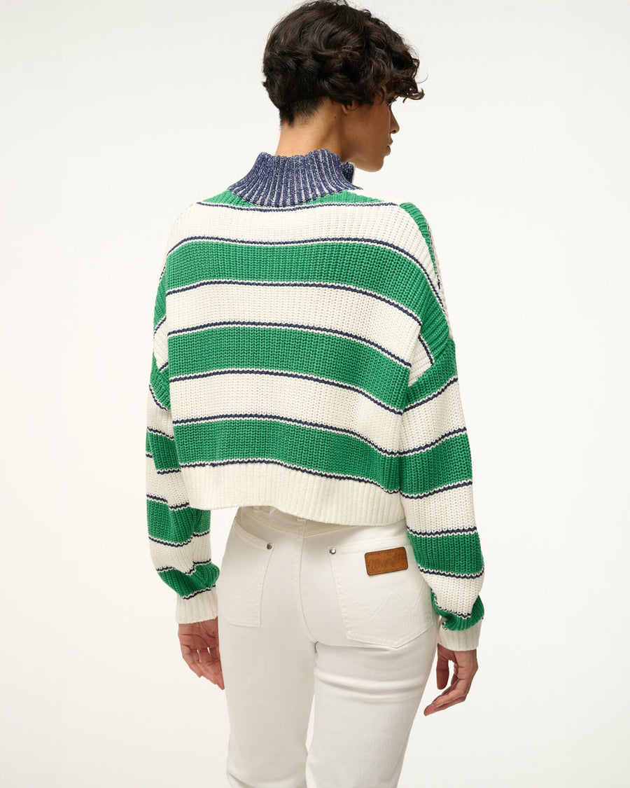 staud cropped hampton sweater bungalow stripe green and white on figure back