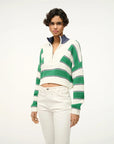 staud cropped hampton sweater bungalow stripe green and white on figure front