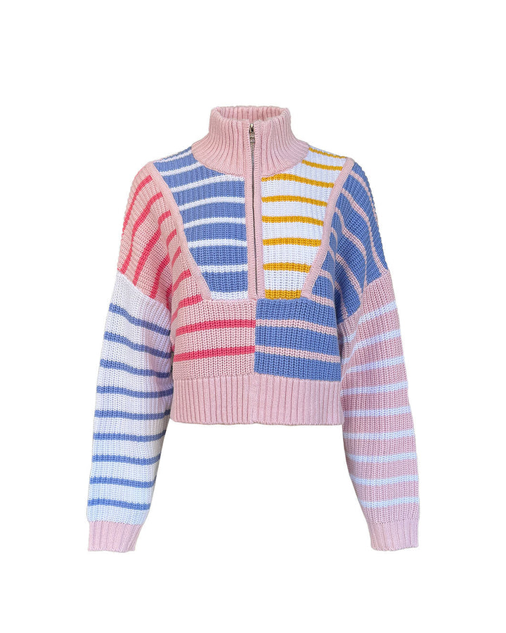 staud Cropped Hampton Sweater Sunset Stripe pink and blue
