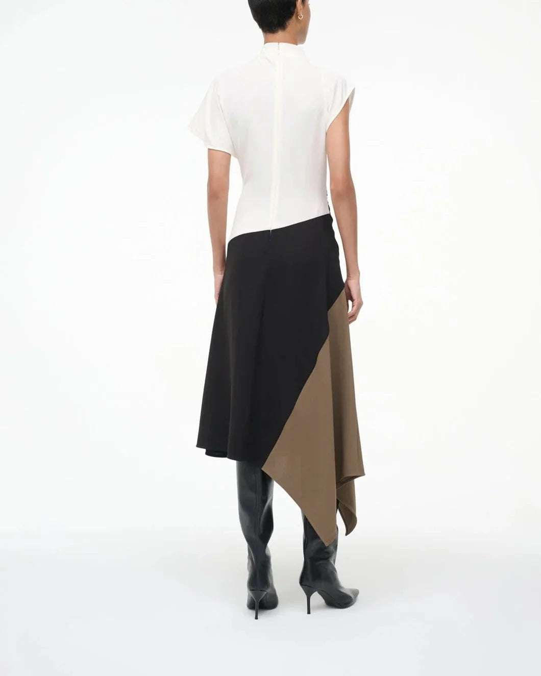 staud white black and brown asymmetrical davina midi dress on figure back