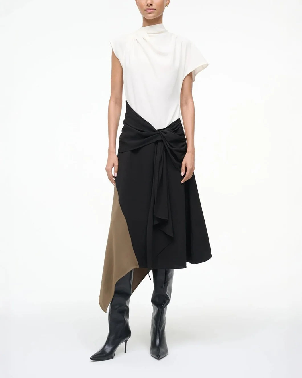 staud white black and brown asymmetrical davina midi dress on figure front