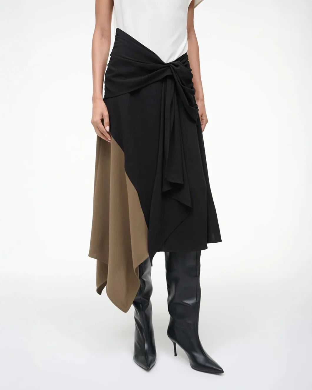 staud white black and brown asymmetrical davina midi dress on figure hem detail