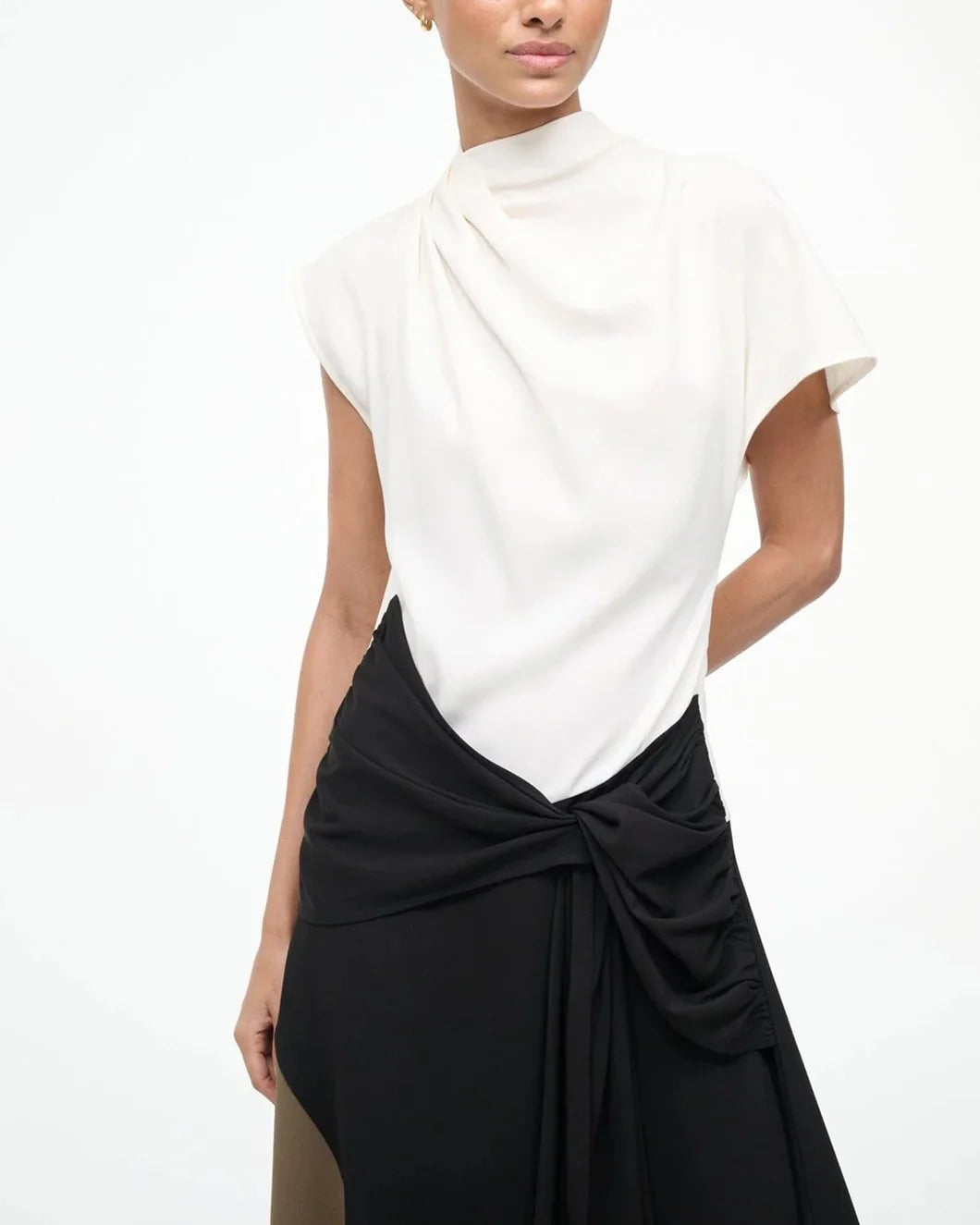 staud white black and brown asymmetrical davina midi dress on figure front detail