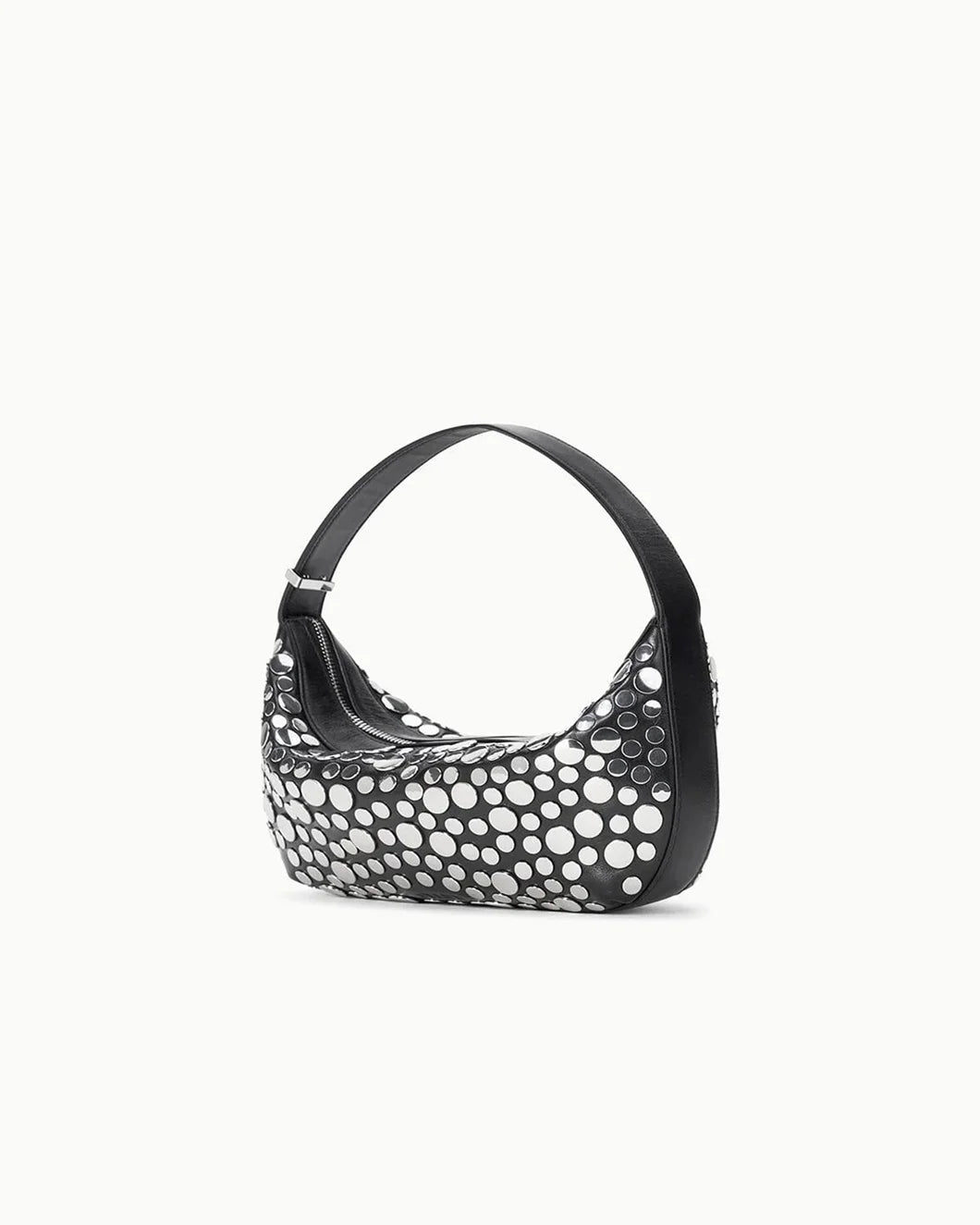 staud demy shoulder bag in black with silver rivets back view