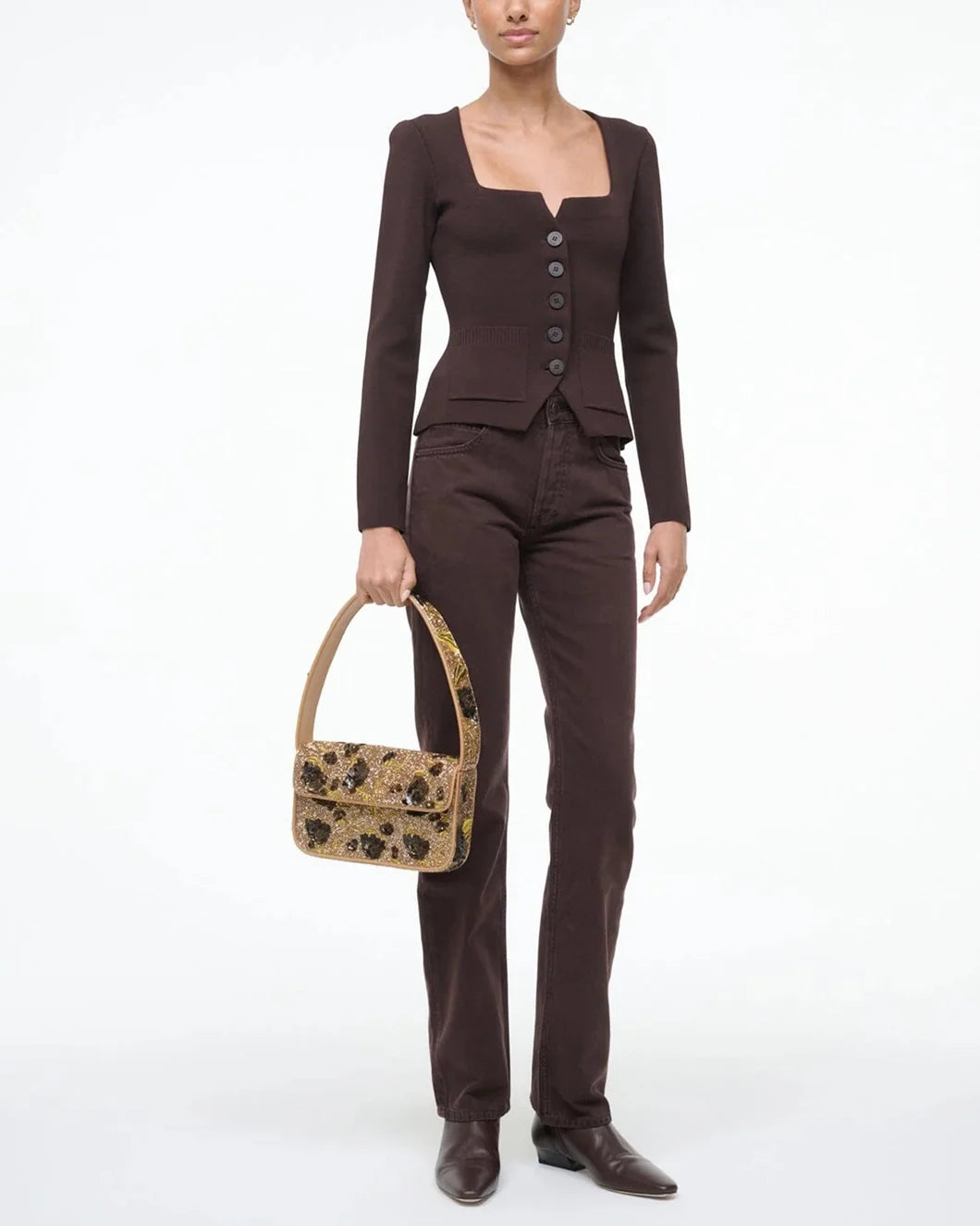 tommy gold vintage floral beaded handbag by staud on figure front