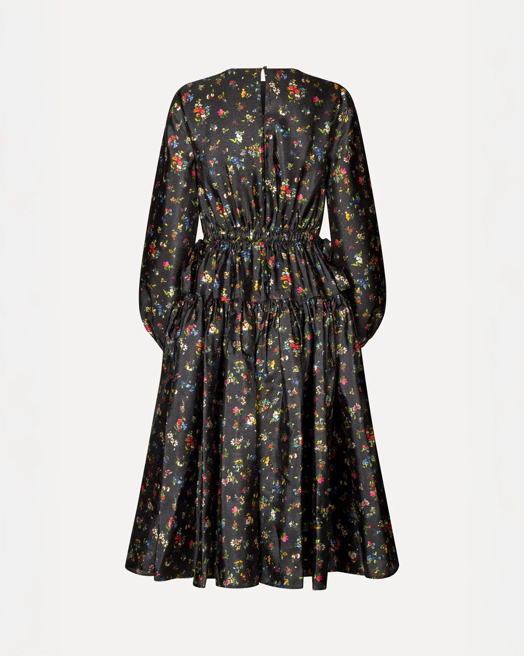 stine goya Waist Tie Ruffle Midi Dress magnolia garden black floral back view