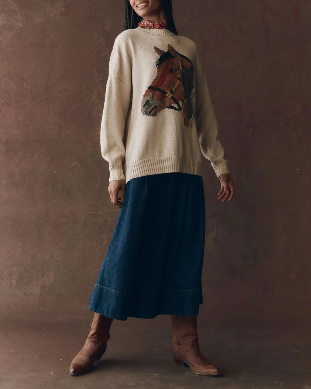 natural tone horse print pullover sweater from the great shown on model from the right side view