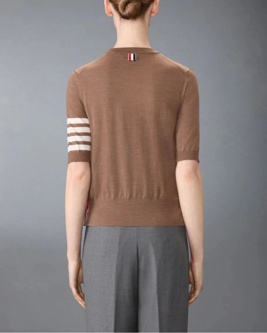 thom browne fine merino wool 4 bar tee walnut on figure back
