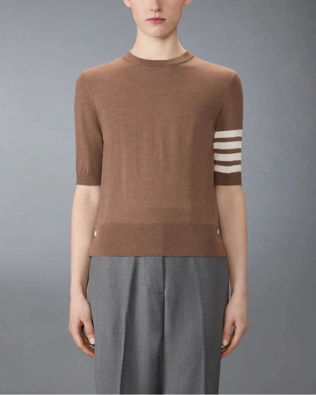 thom browne fine merino wool 4 bar tee walnut on figure front