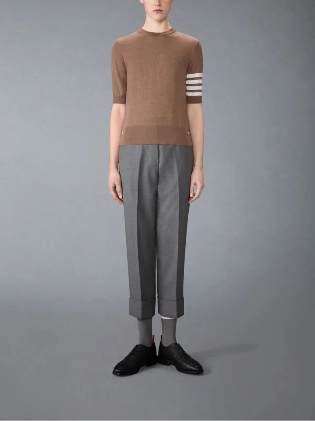 thom browne fine merino wool 4 bar tee walnut on figure front