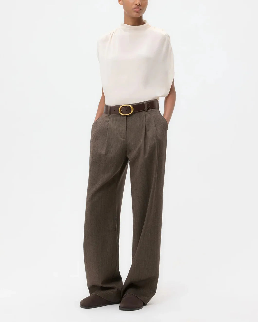 twp Silk Georgette Wish You Would Top in light pink tint on model side full view