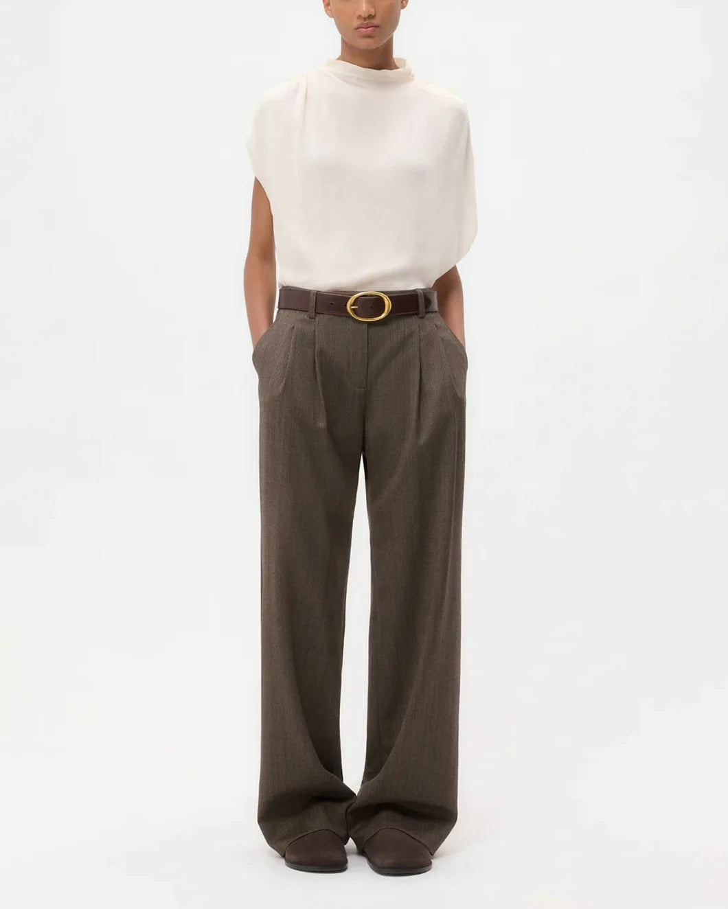 twp Silk Georgette Wish You Would Top in light pink tint on model front full view