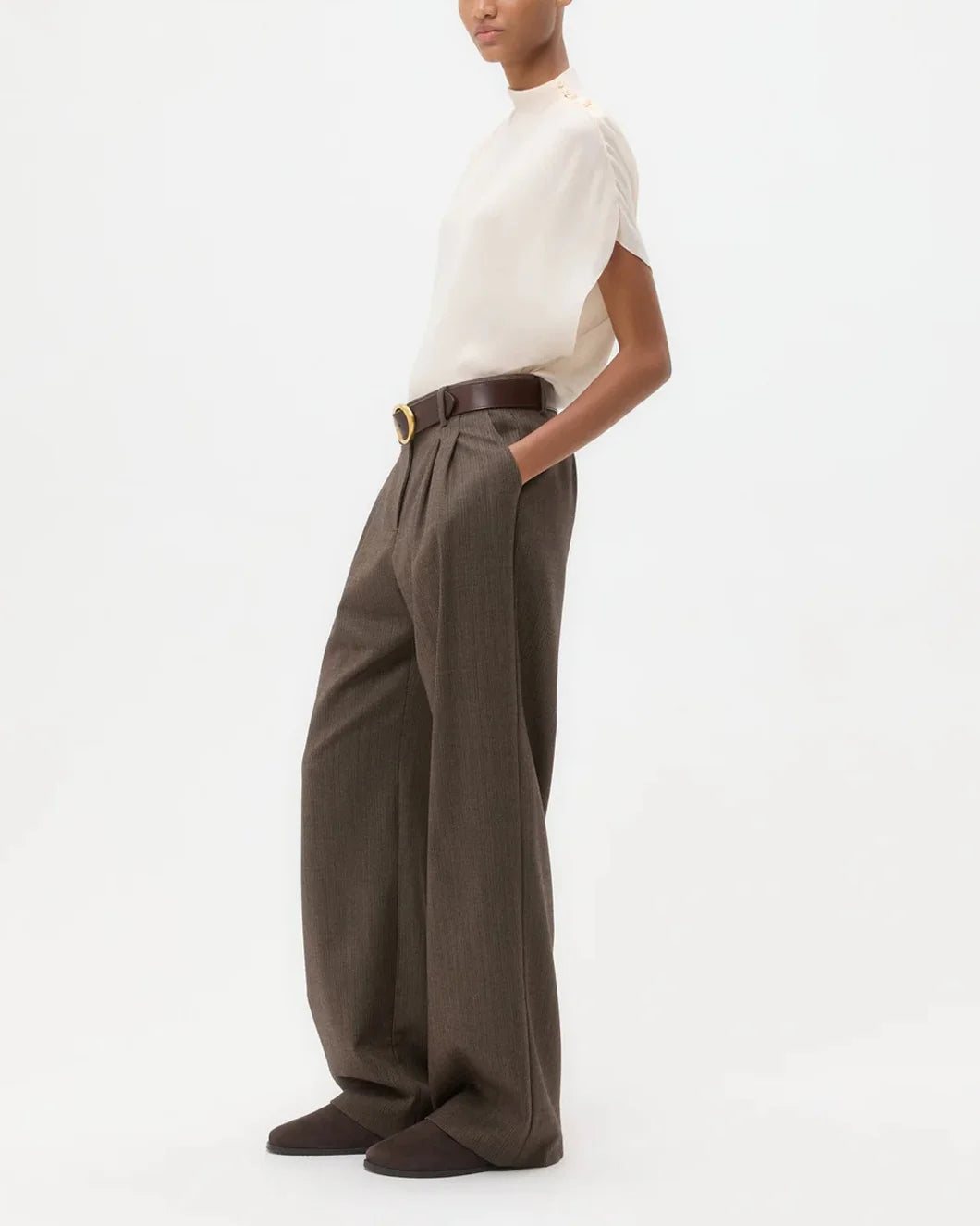 twp Silk Georgette Wish You Would Top in light pink tint on model side view