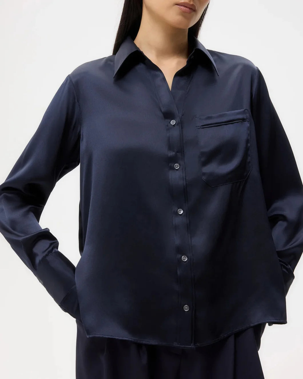 twp midnight navy blue silk joey button down shirt on figure front view untucked