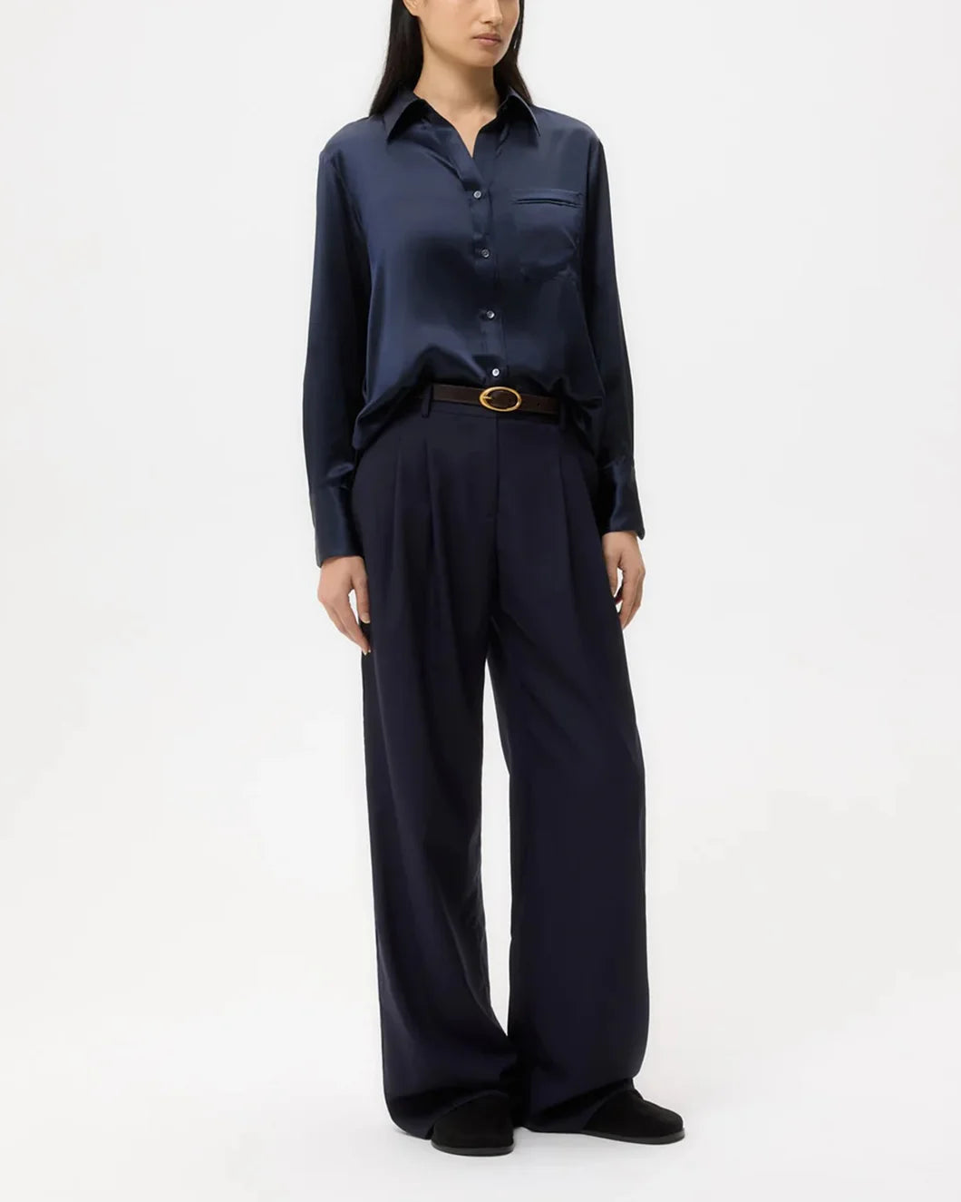 twp midnight navy blue silk joey button down shirt on figure front view french tuck