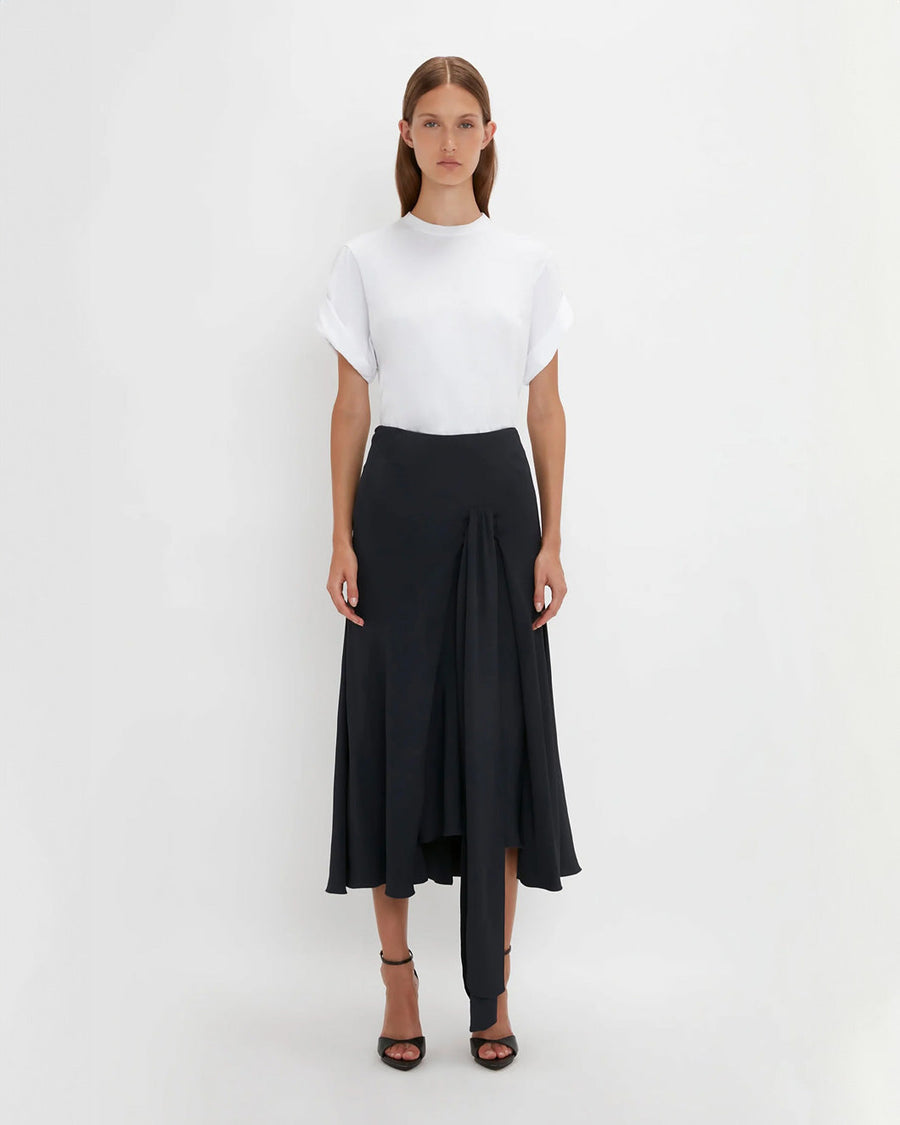 victoria beckham asymmetric hem tie detail skirt black on figure front