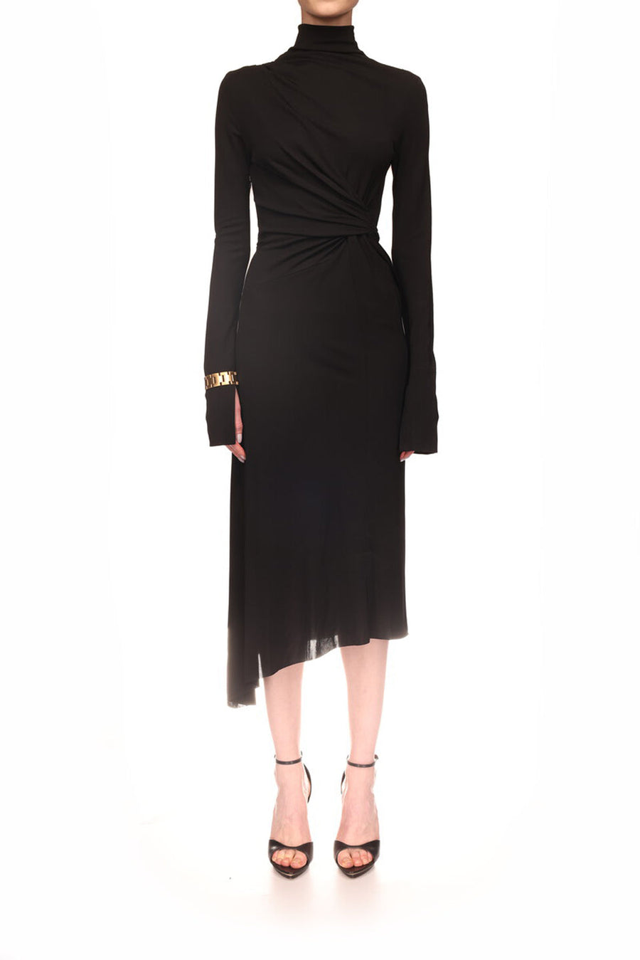 victoria beckham high neck asymmetric draped dress black figure front