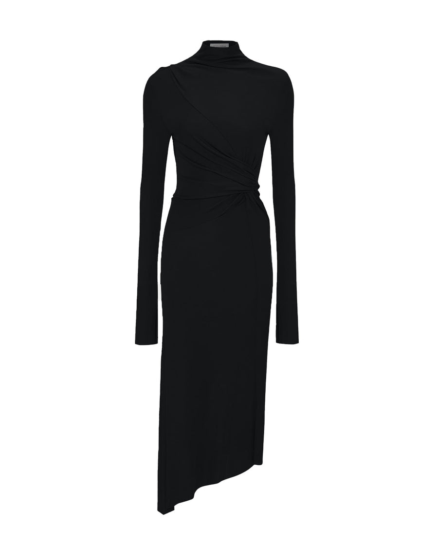 victoria beckham high neck asymmetric draped dress black front