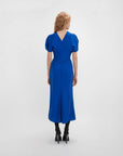victoria beckham gathered waist midi dress palace blue dress on figure back