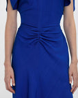     Victoria beckham gathered waist midi dress palace blue dress on figure front detail