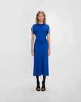 victoria beckham gathered waist midi dress palace blue dress on figure on figure front